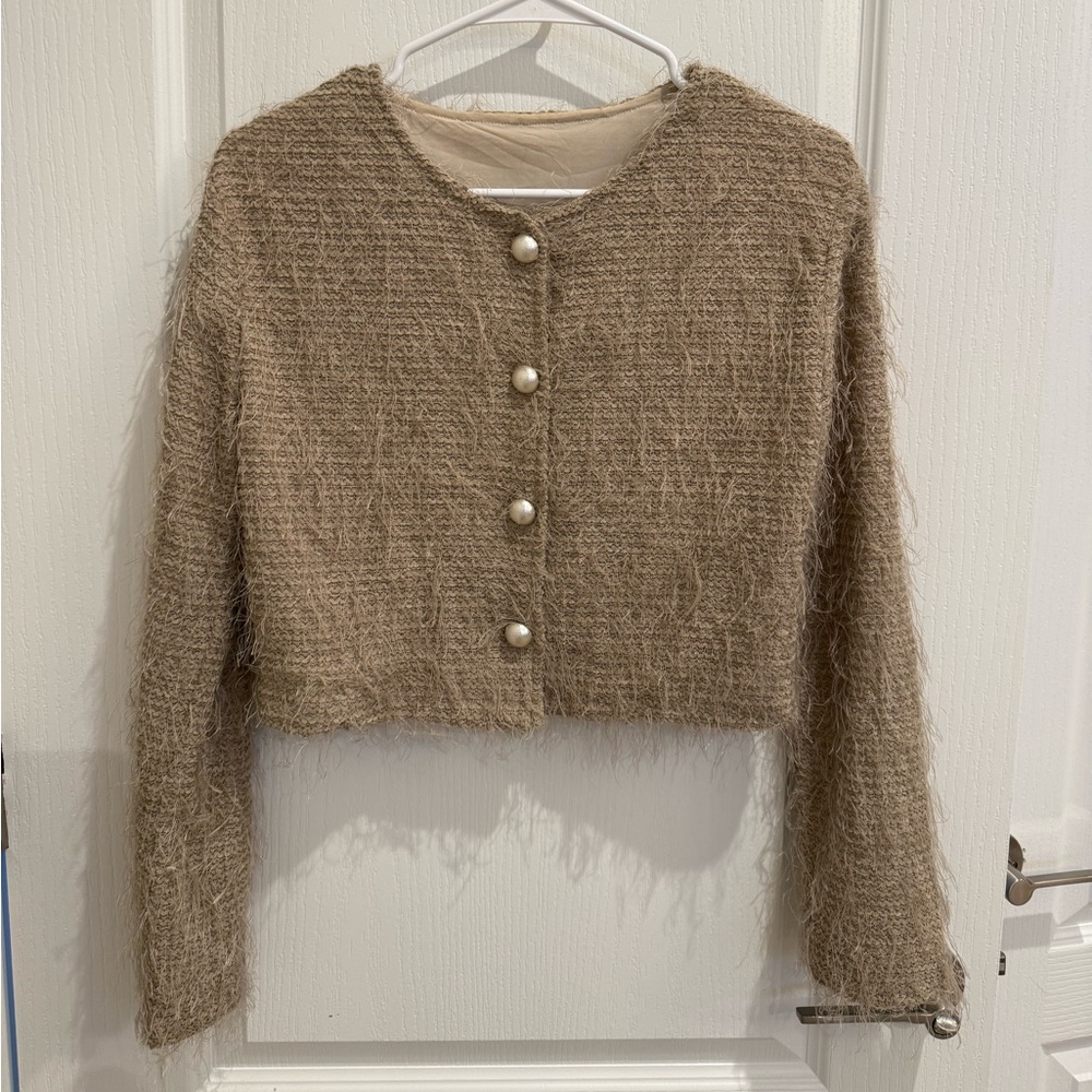 Chic Tan Cropped Cardigan with Pearl Buttons